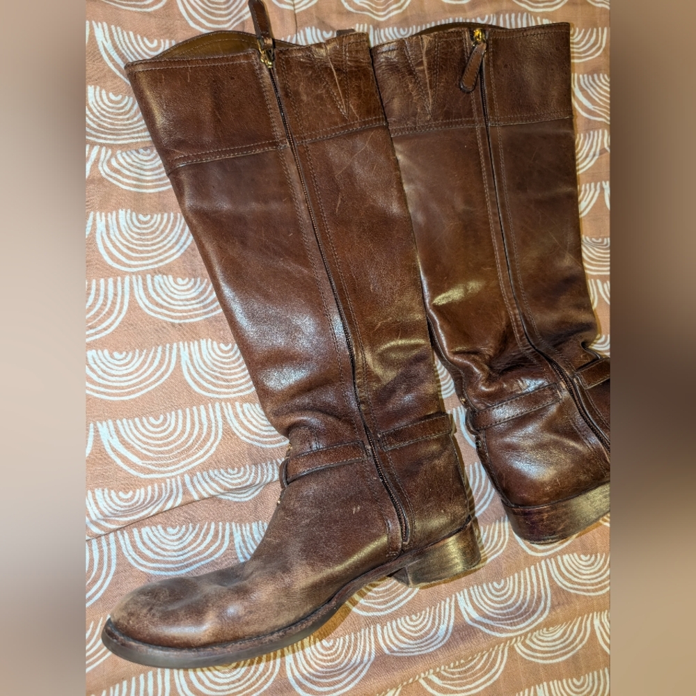 Tory Burch Women's Coconut Brown Leather MARLENE Riding Boot Sz 7.5 M Logo - Picture 6 of 15